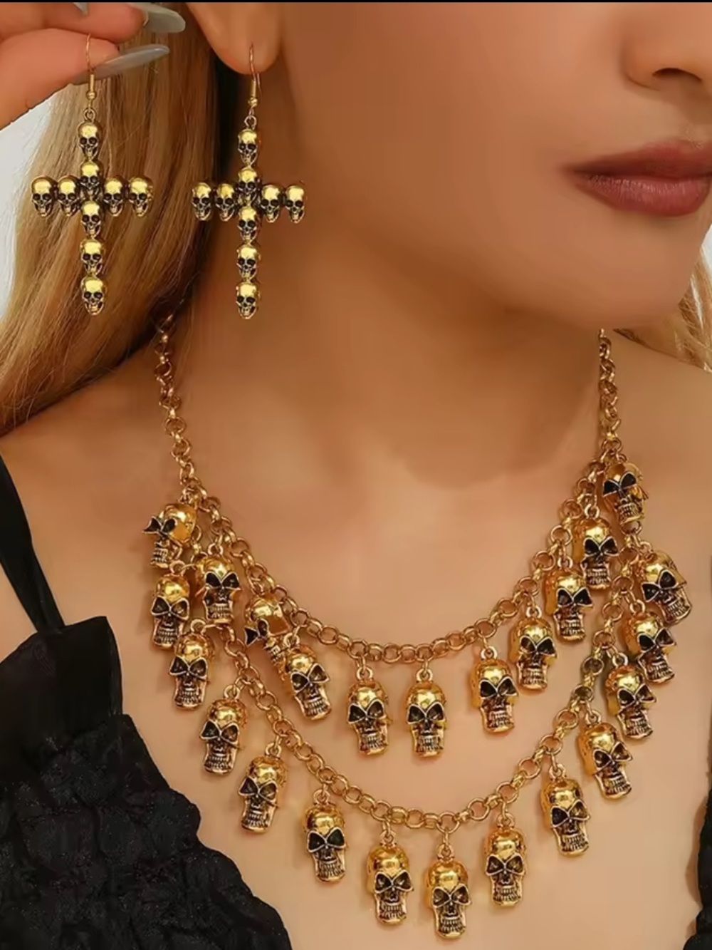 Gold Skull Cross Earrings & Layered Skull Charm Necklace